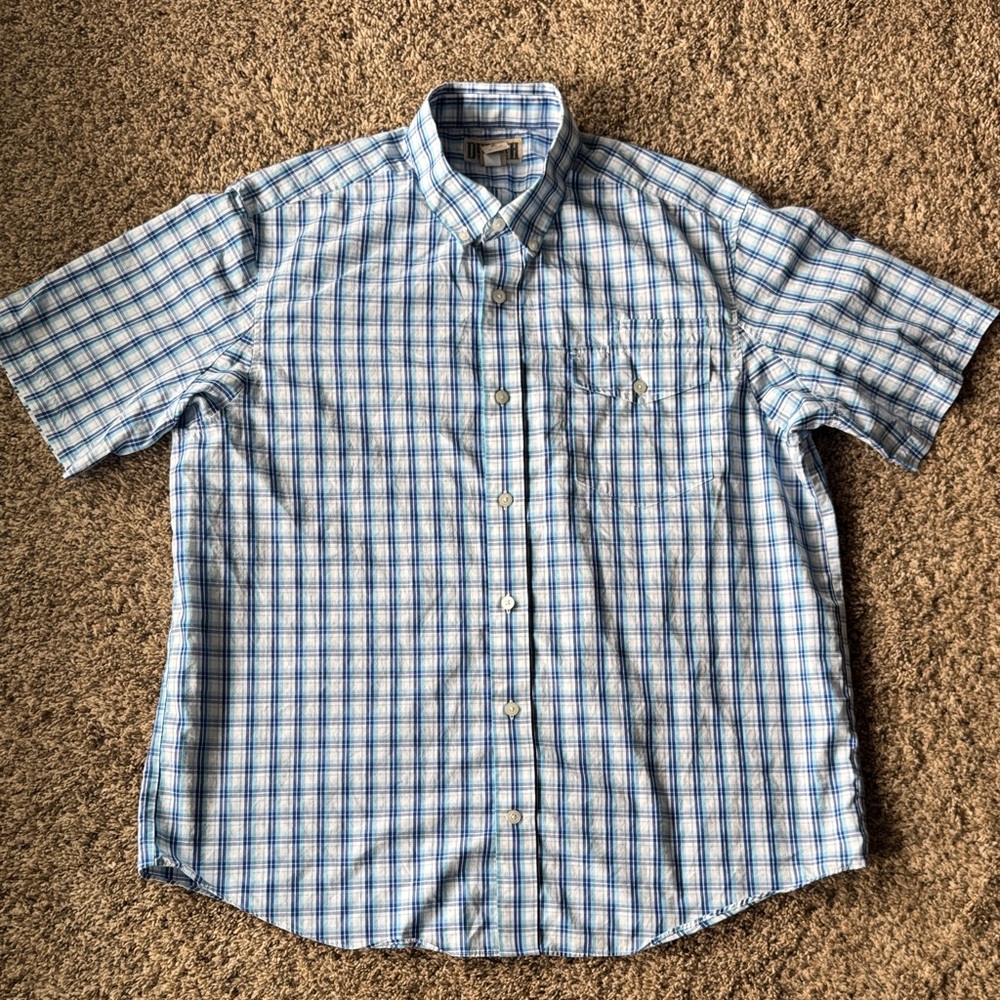 Duluth Trading Co Blue and White Plaid Button Down Shirt